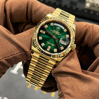 Rol_ex Presi_dent Day_Date Yellow Gold Green Diamond Dial Mens Watch Luxury Edition Premium Quality theroyaltime.in