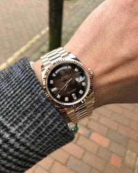 Rol_ex Presi_dent Day_Date Rose Gold Chocolate Diamond Dial Mens Watch Luxury Edition Premium Quality theroyaltime.in