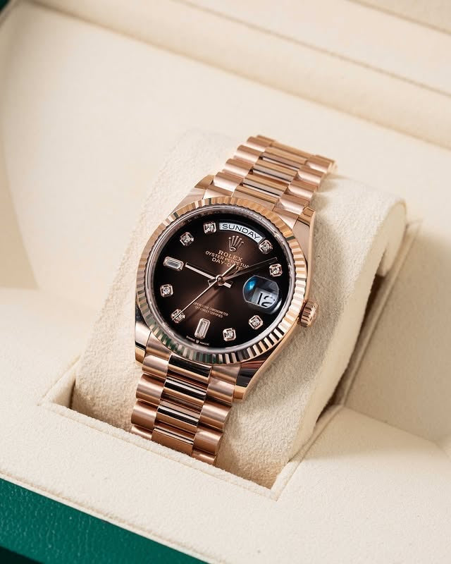 Rol_ex Presi_dent Day_Date Rose Gold Chocolate Diamond Dial Mens Watch Luxury Edition Premium Quality theroyaltime.in