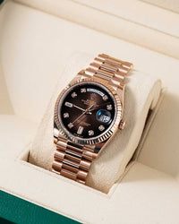 Rol_ex Presi_dent Day_Date Rose Gold Chocolate Diamond Dial Mens Watch Luxury Edition Premium Quality theroyaltime.in