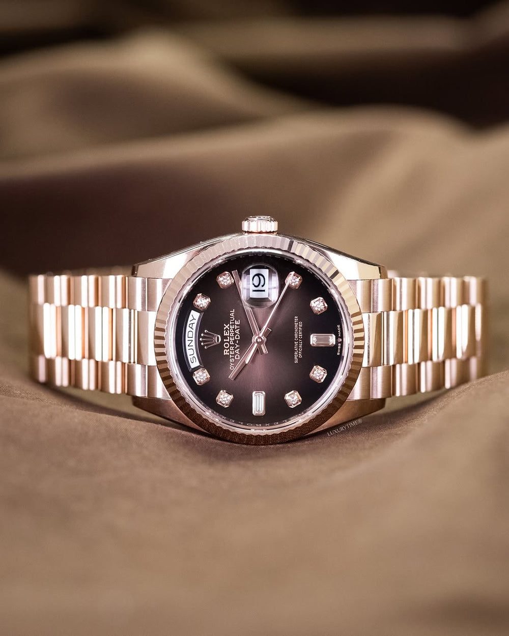 Rol_ex Presi_dent Day_Date Rose Gold Chocolate Diamond Dial Mens Watch Luxury Edition Premium Quality theroyaltime.in