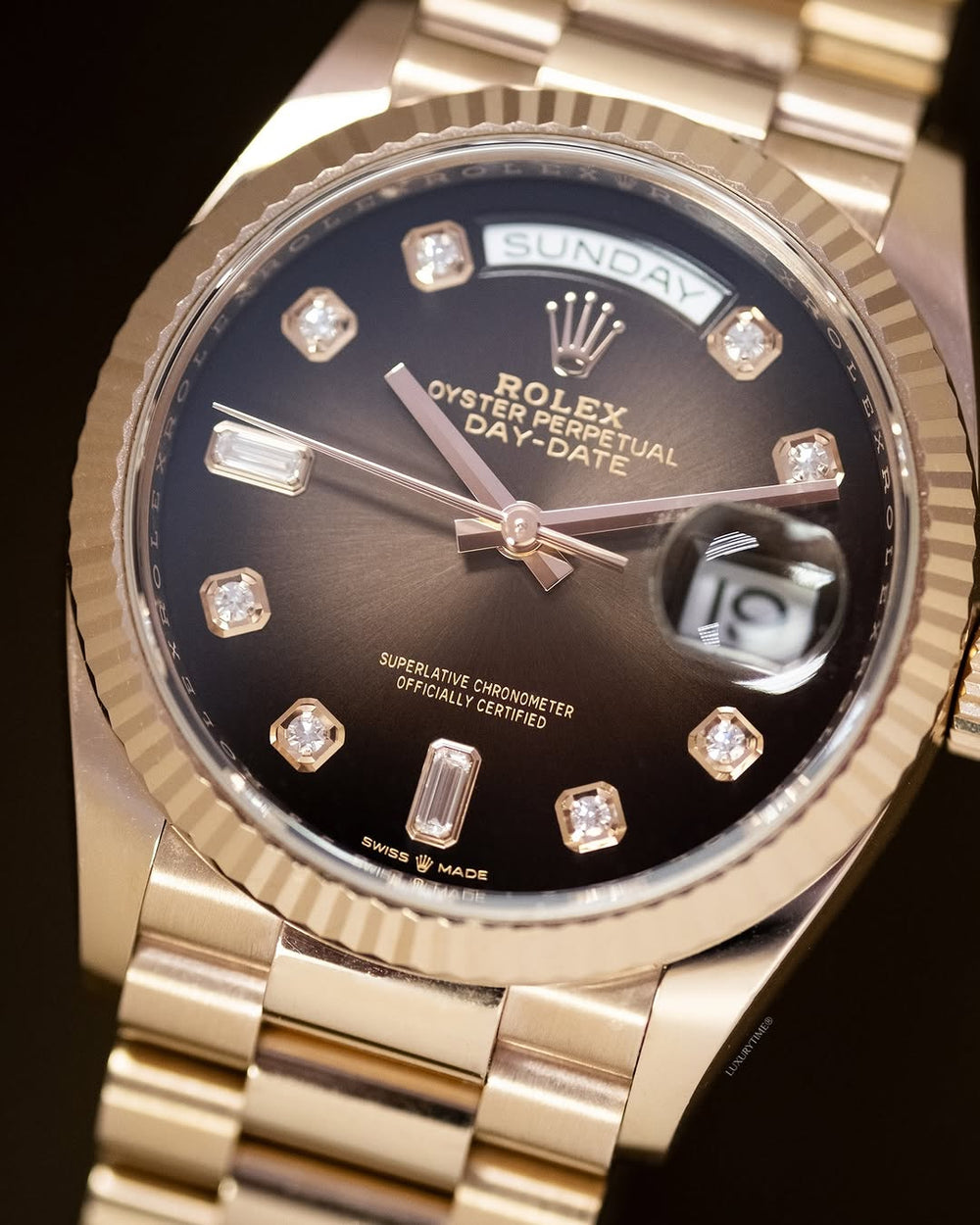 Rol_ex Presi_dent Day_Date Rose Gold Chocolate Diamond Dial Mens Watch Luxury Edition Premium Quality theroyaltime.in