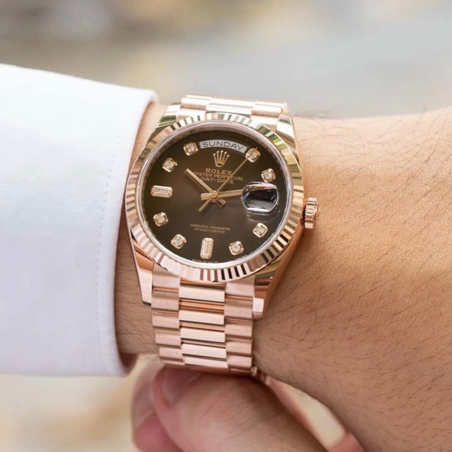 Rol_ex Presi_dent Day_Date Rose Gold Chocolate Diamond Dial Mens Watch Luxury Edition Premium Quality theroyaltime.in
