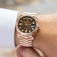 Rol_ex Presi_dent Day_Date Rose Gold Chocolate Diamond Dial Mens Watch Luxury Edition Premium Quality theroyaltime.in
