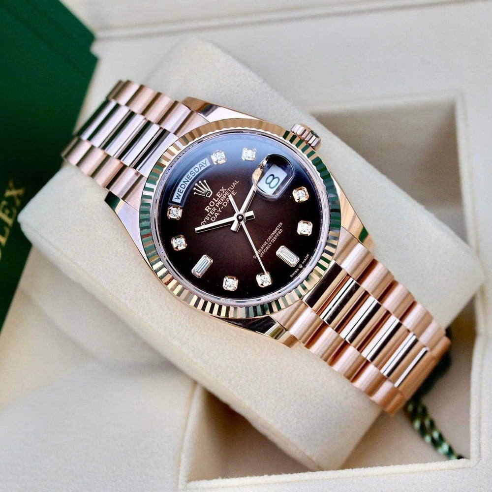 Rol_ex Presi_dent Day_Date Rose Gold Chocolate Diamond Dial Mens Watch Luxury Edition Premium Quality theroyaltime.in