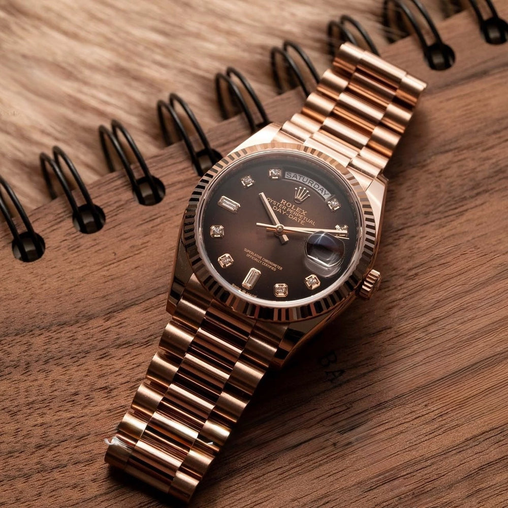Rol_ex Presi_dent Day_Date Rose Gold Chocolate Diamond Dial Mens Watch Luxury Edition Premium Quality theroyaltime.in