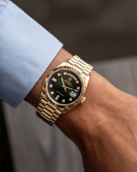 Rol_ex Presi_dent Day_Date Yellow Gold Green Diamond Dial Mens Watch Luxury Edition Premium Quality theroyaltime.in